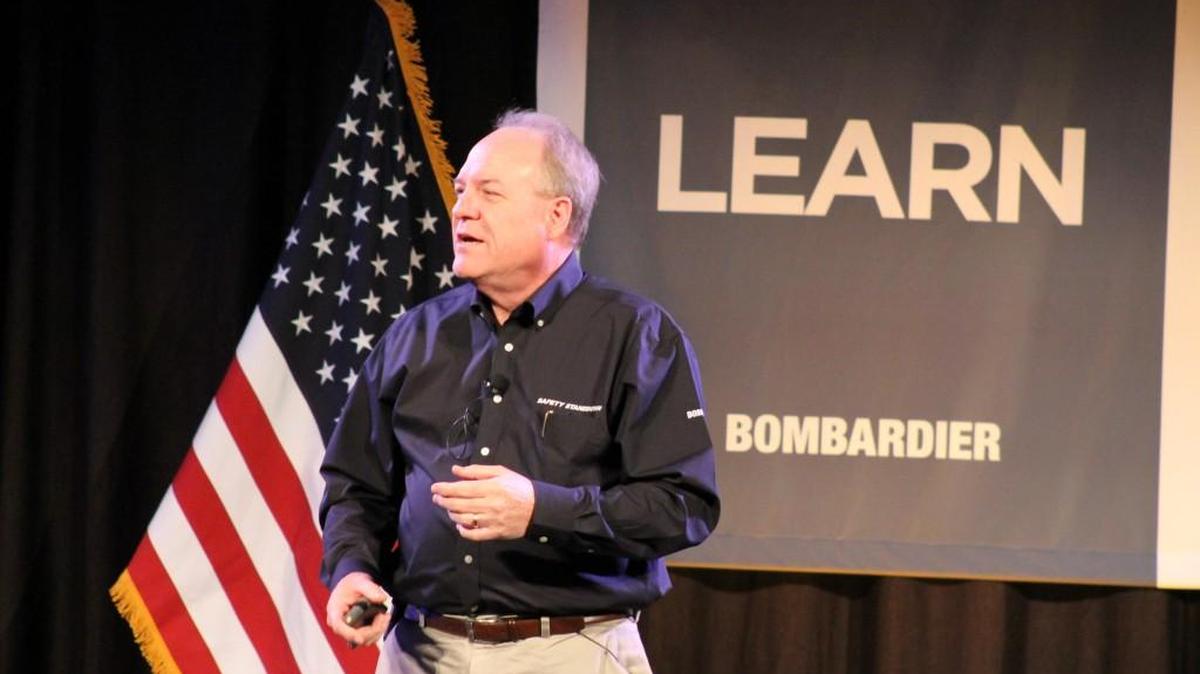 Jim Williams, retired FAA unmanned aircraft systems executive and principal of the UAS practice at Dentons law firm, speaks to 500 pilots and other aviation professionals Wednesday at Bombardier Business Aircraft’s Safety Standdown at the Hyatt Regency Wichita.