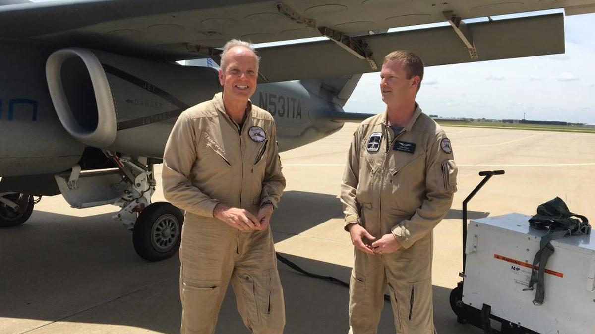 Sen. Jerry Moran, left, with Textron Aviation Scorpion jet pilot Aaron Tobias following their flight Friday from the Textron Aviation East Campus.