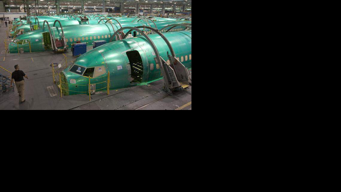 
Boeing 737s are lined up on the production floor at Spirit AeroSystems in 2012. Spirit saw its revenue improve in 2014.

