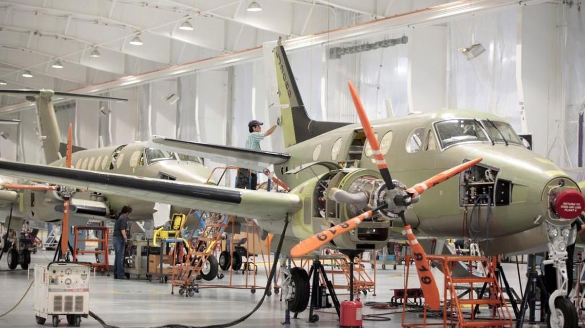 Beechcraft workers assemble King Air turboprops at the Textron Aviation East Campus. Beechcraft and the broader industry saw a first-quarter decline in the shipment of turboprop airplanes.