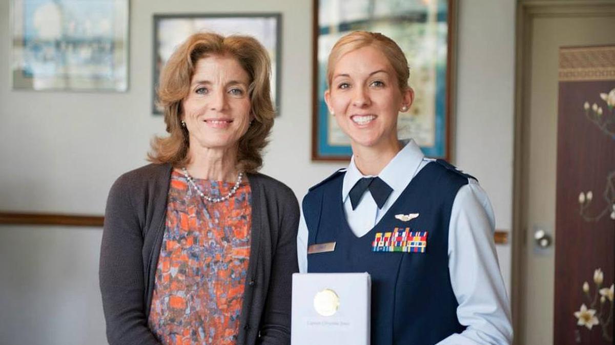 Caroline Kennedy, former Ambassador to Japan, poses for a photo with Maj. Chrystina Jones, 22nd Air Refueling Wing Plans and Programs chief at McConnell Air Force Base, in this April 2014 photo. Jones has been named the winner of the National Aeronautic Association’s 2017 Katharine Wright Trophy.