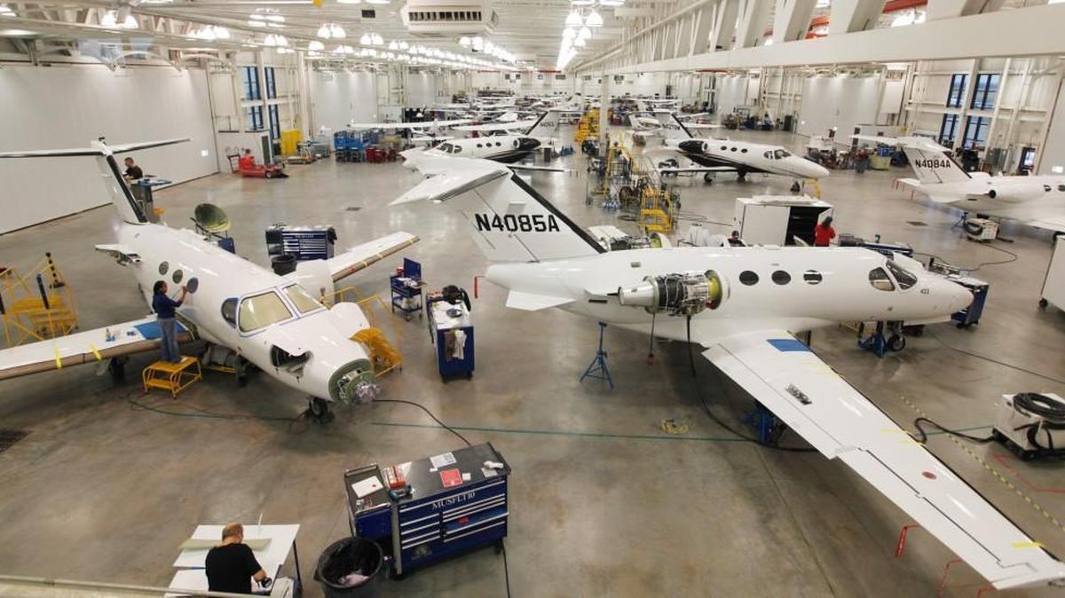 The final assembly area at Textron Aviation Cessna’s Independence Plant. In the foreground are two Citation Mustangs. (January 9, 2013)