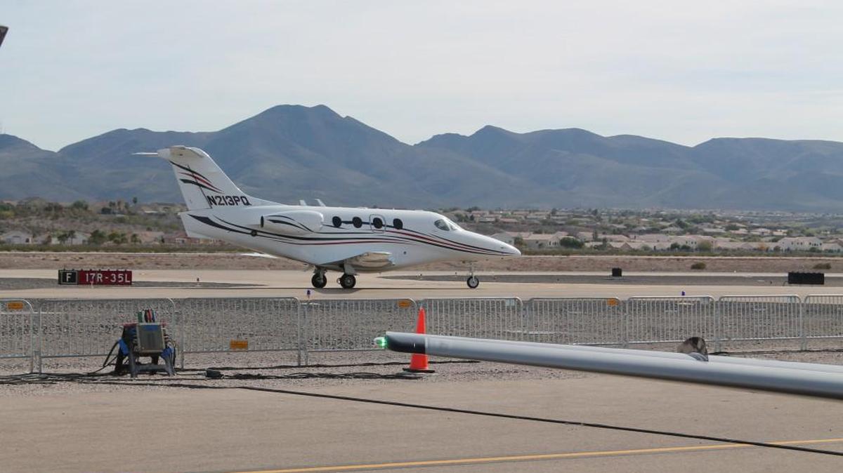 A Hawker Beechcraft Premier I lands at Henderson Executive Airport during the 2015 National Business Aviation Association Convention in Las Vegas. A report this week said business aviation flights increased 2.1 percent in 2015.