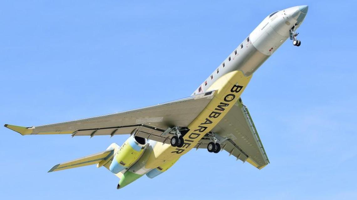Bombardier Business Aircraft’s third Global 7000 flight test jet, seen here from its first flight on Wednesday in Canada, arrived in Wichita shortly before 3:30 p.m. on Thursday