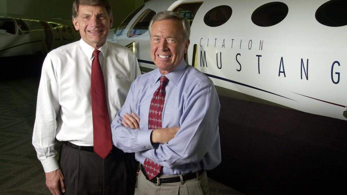 
Charlie Johnson, left, shown in this 2003 photo with Cessna chairman emeritus Russ Meyer, will be inducted into the Kansas Aviation Hall of Fame on Oct. 6.
