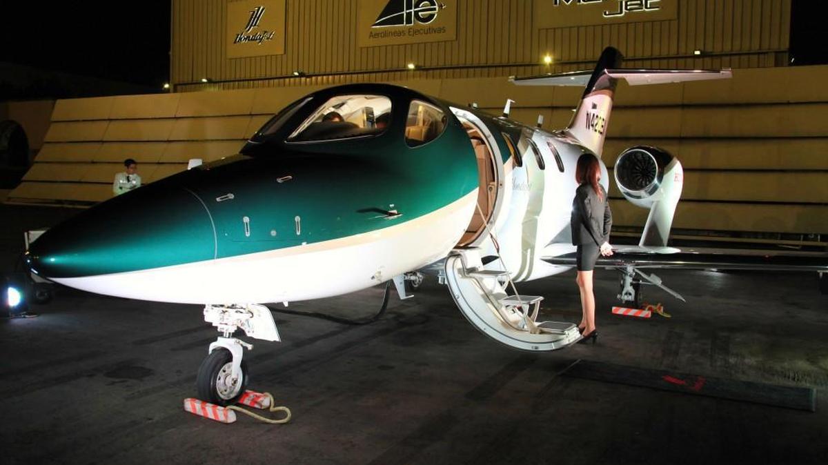 A HondaJet on display at the 2016 Aero Expo underway at Toluca International Airport in Mexico.