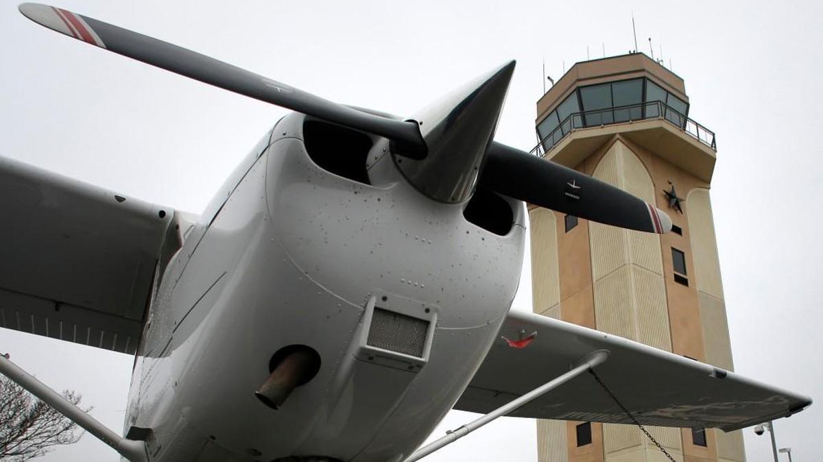 A Cessna single, piston-engine airplane with a McCauley propeller sits near the air traffic control tower at the Collin County Regional Airport in McKinney, Texas in 2013. McCauley Propeller Systems said Wednesday it has established its first authorized service center in China.