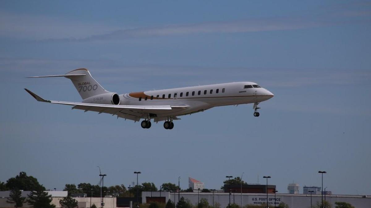 Bombardier’s Global 7000 FTV 4 arrived in Wichita shortly after 12:30 p.m. on Saturday.