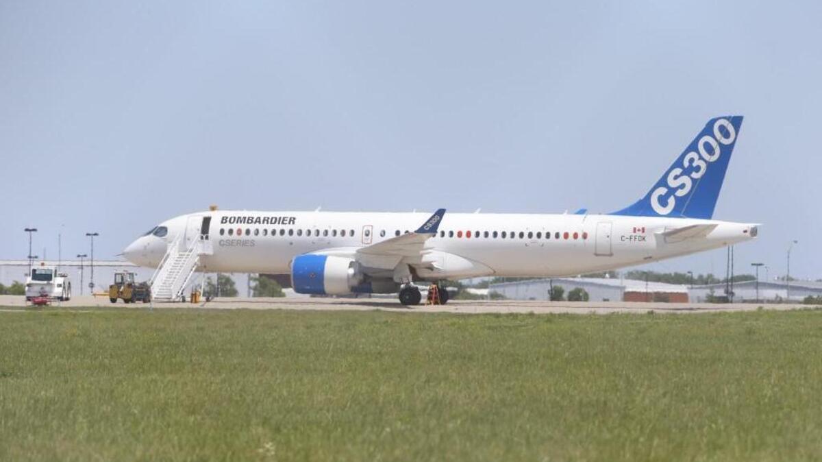 A Bombardier C Series CS300 flight test aircraft sits on the ramp at Wichita Eisenhower National Airport in June.