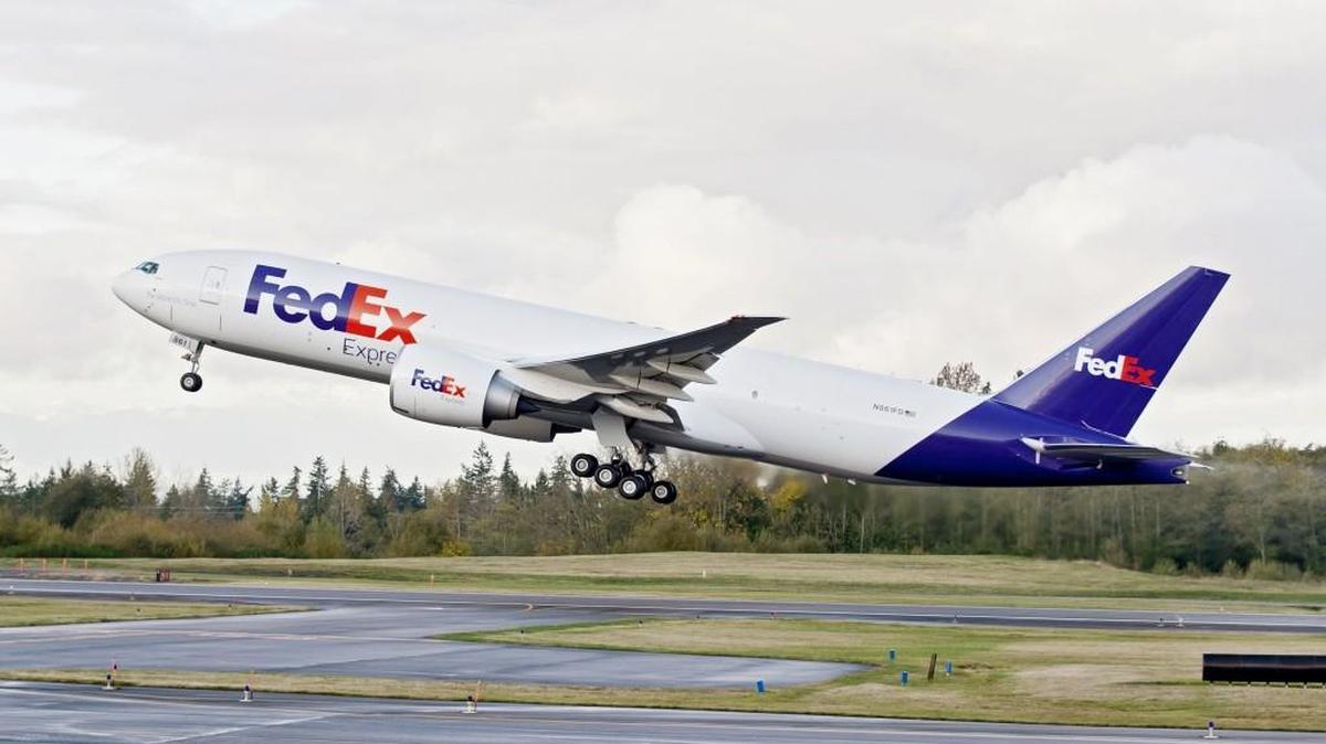 A FedEx Boeing 777 Freighter takes off from Paine Field in Washington.