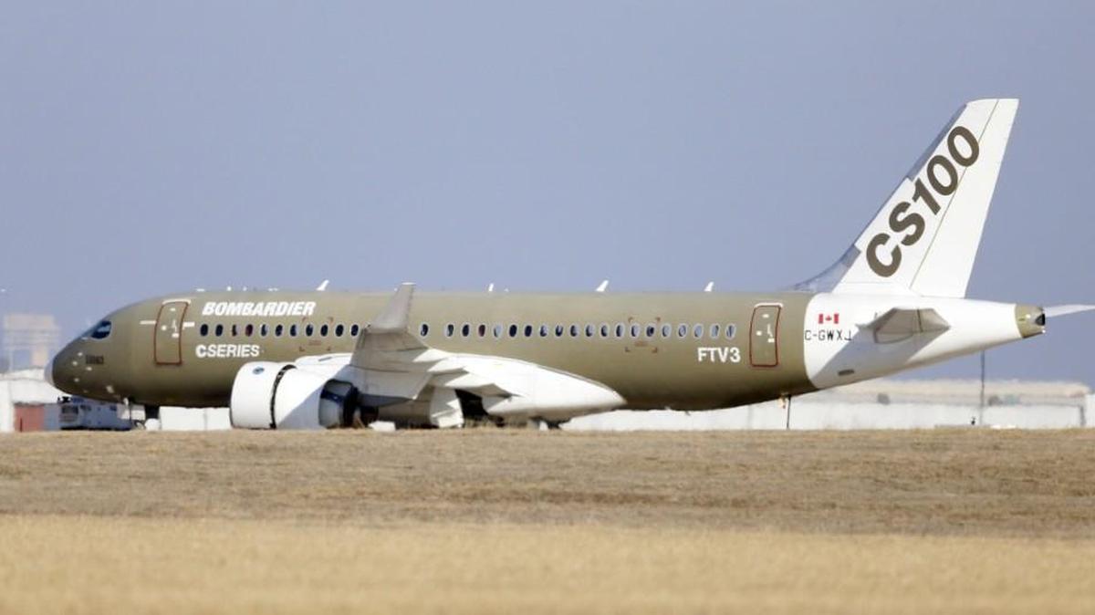 
A Bombardier CSeries CS100 sits on the ramp near Bombardier Learjet in February.
