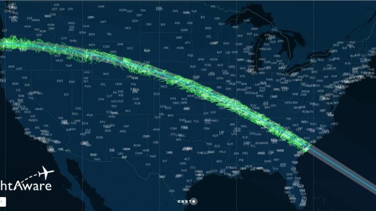 FlightAware’s graphical representation of more than 2,700 aircraft flights in the path of totality during Monday’s solar eclipse.