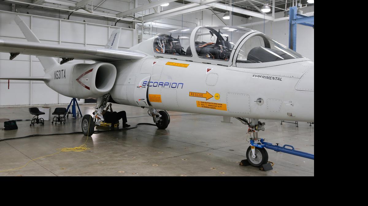 
The first prototype of the new Scorpion jet sits in a Cessna hangar near its east Pawnee facility in 2013. The jet was developed by Textron AirLand, LLC, a joint venture between Textron Inc. and AirLand Enterprises.
