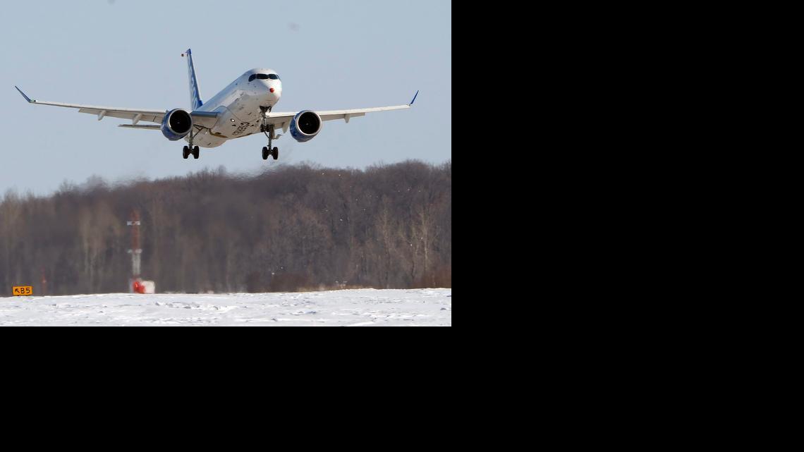 
The new Bombardier CS300 takes off on its maiden test flight Friday in Mirabel, Quebec. 
