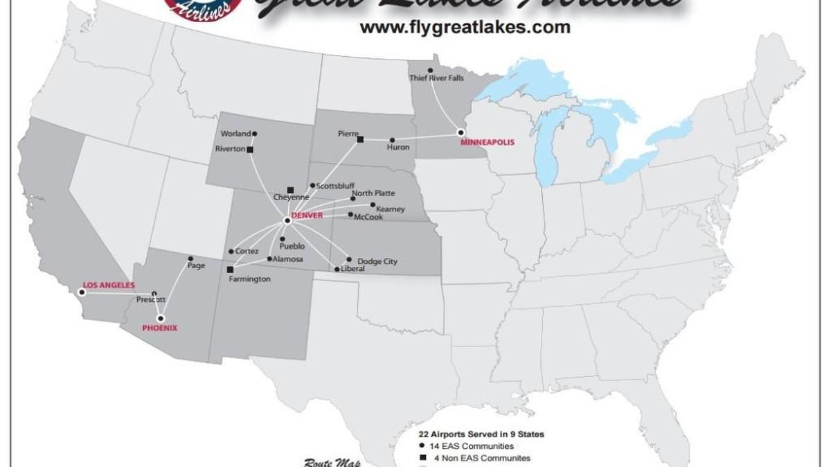 A Great Lakes Airlines route map prior to the airline’s start of service to Salina.