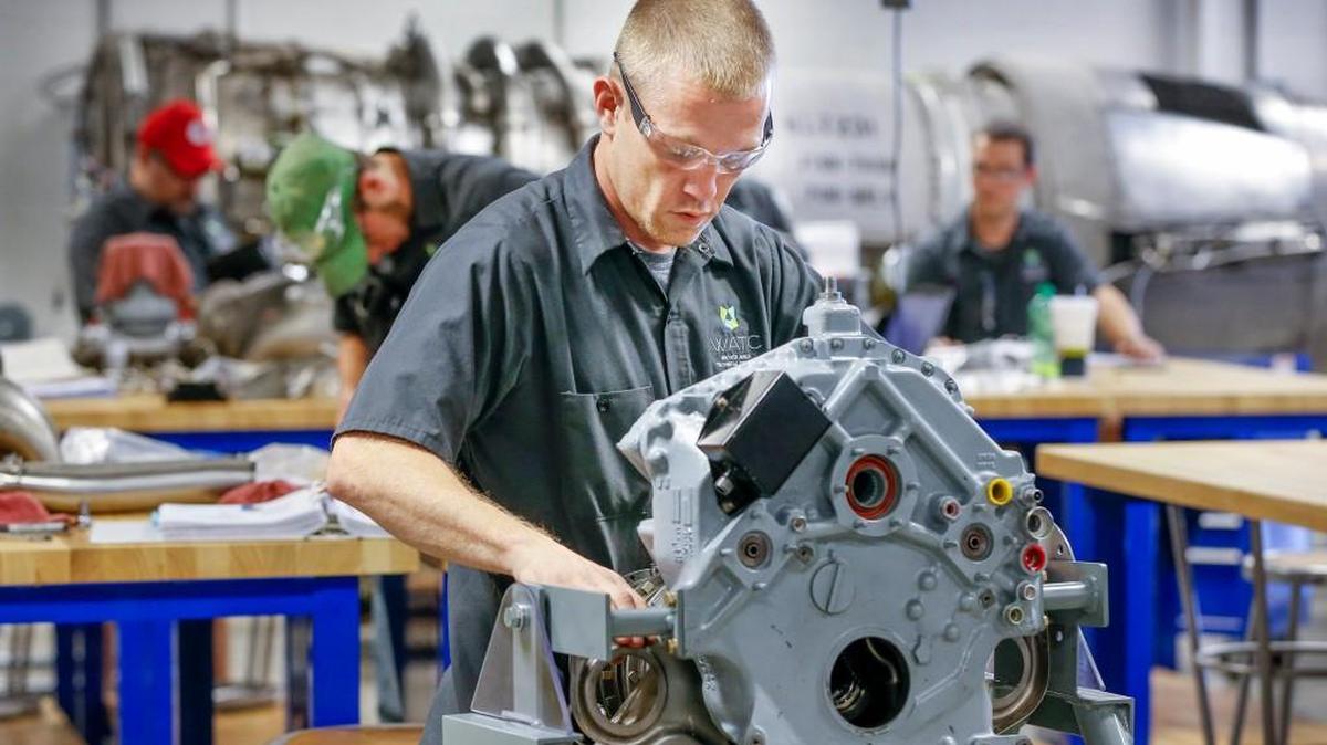 A Wichita Area Technical College student works in the school’s Aviation Maintenance turbine engine class lab on Oct. 18, 2016.