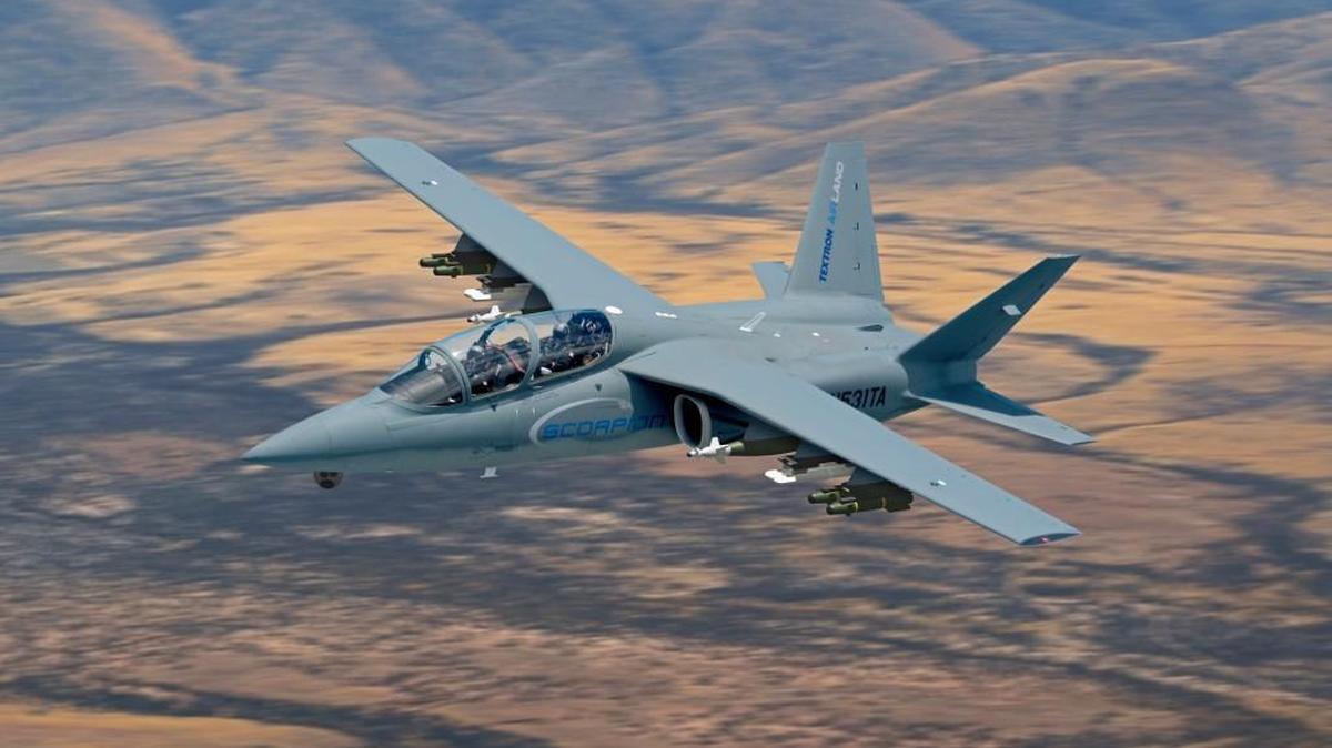 Textron AirLand’s Scorpion tactical jet in flight.