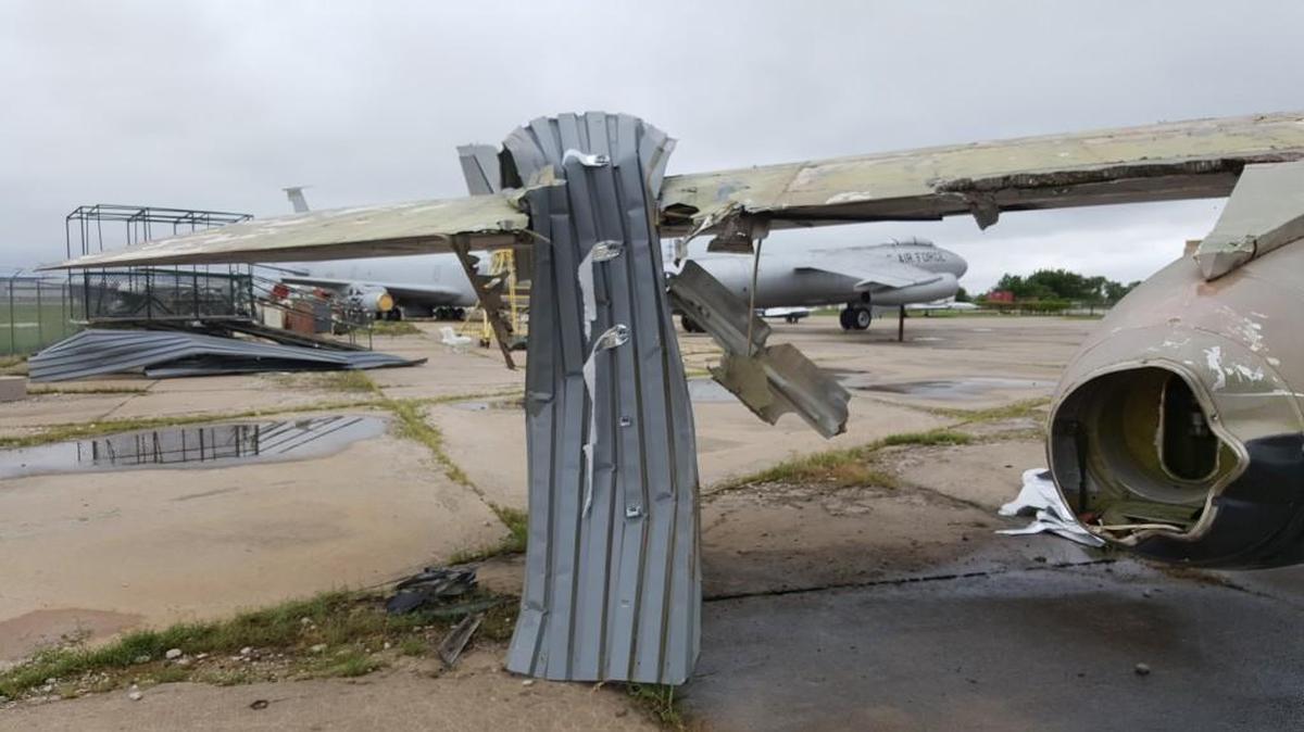The Kansas Aviation Museum’s Boeing B-52 Stratofortress bomber was damaged during a storm on July 2, 2016.