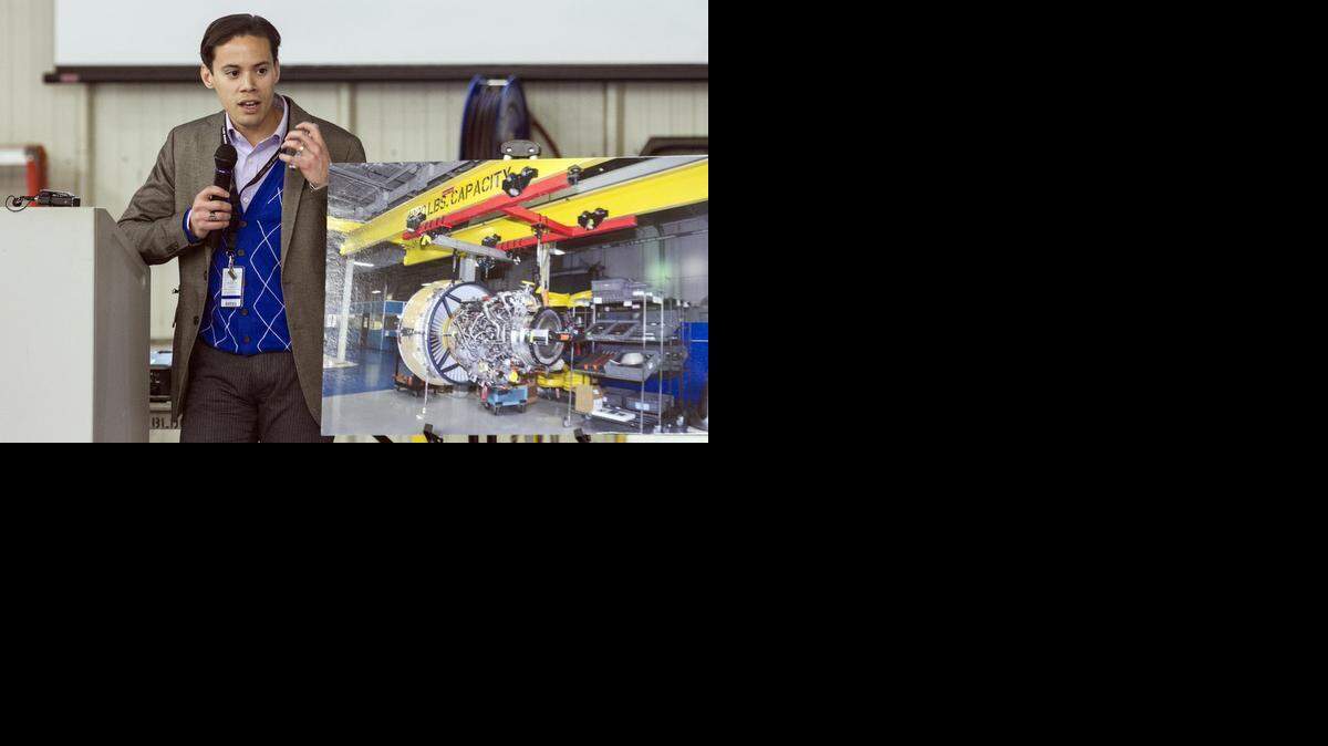 
GE plant manager Jorge Perez announces the plant at Strother Field in Arkansas City has been selected to be an assembly site for the new Passport 20 jet engine.
