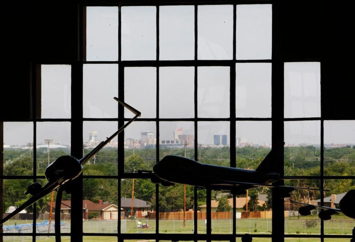 Windows of the Kansas Aviation Museum frame the Wichita skyline. (2012)