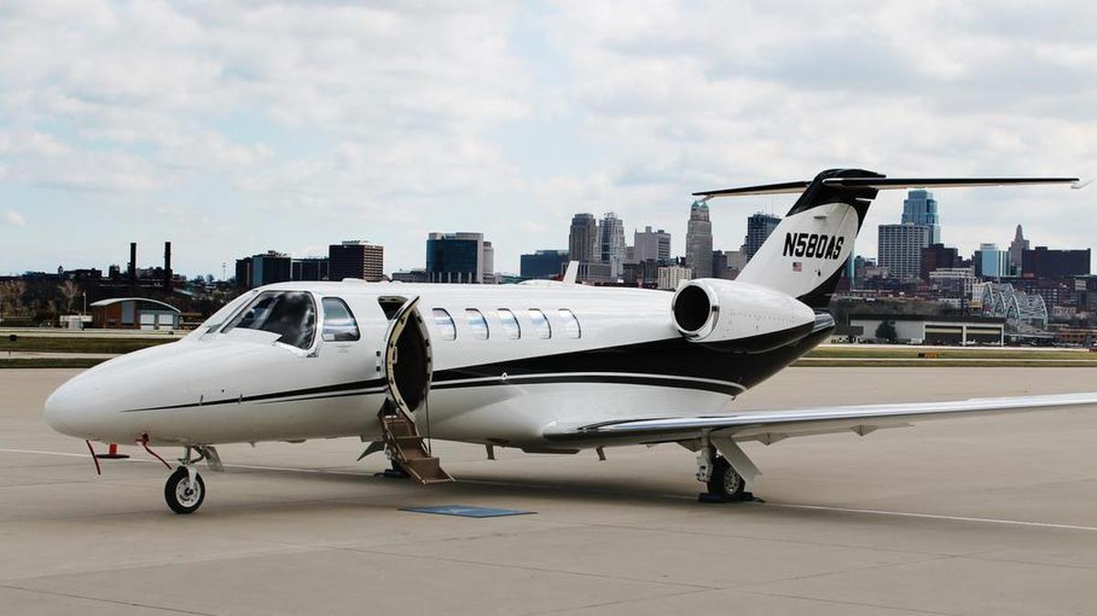 An Executive AirShare Cessna Citation CJ2-Plus sits on the ramp at the fractional aircraft ownership company’s base at the Kansas City Downtown Airport.