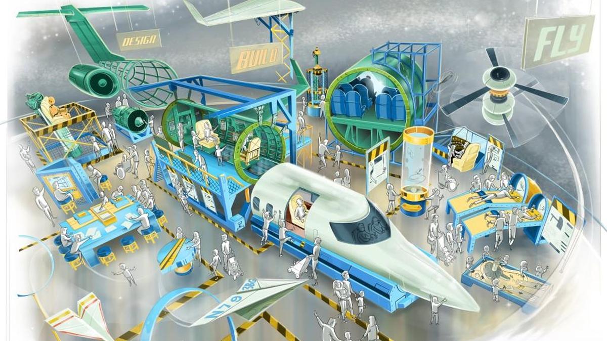 An artist’s rendering of Exploration Place’s new Design Build Fly exhibit that will open at the science museum on Dec. 2.