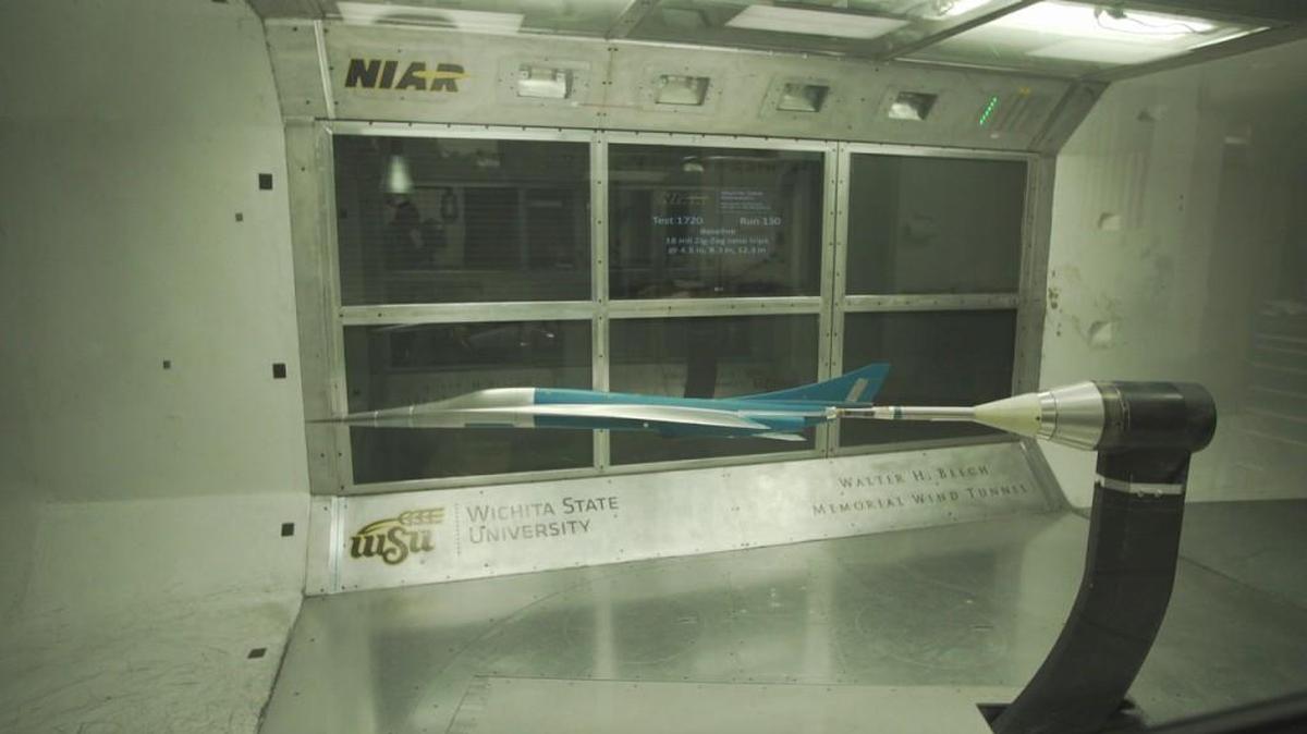 A model of Boom Supersonic’s prototype airline undergoing testing at the Walter H. Beech Wind Tunnel at Wichita State University’s National Institute for Aviation Research.