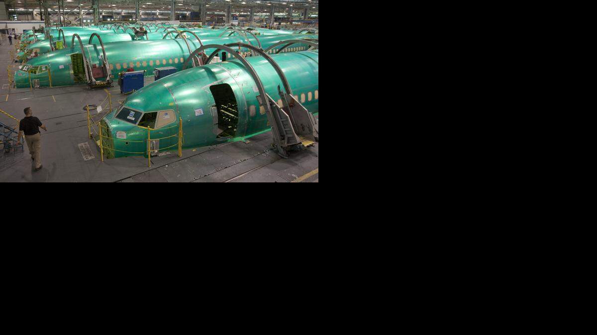 
Boeing 737's are lined up on the production floor at Spirit AeroSystems in 2012.
