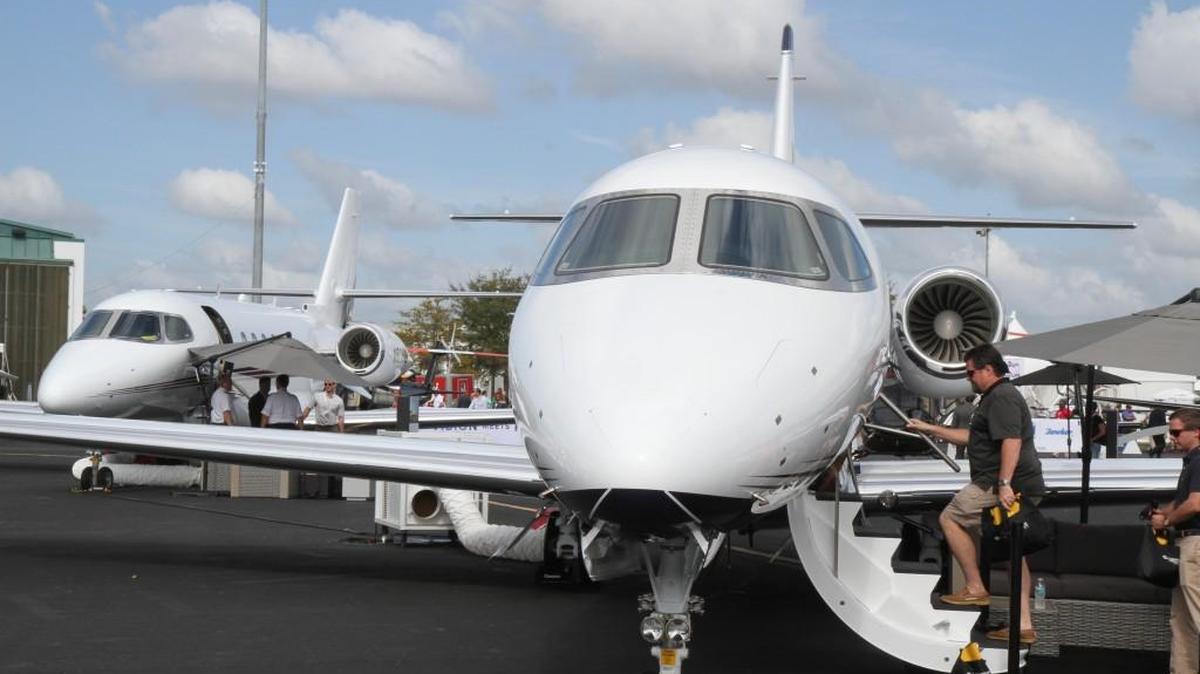 A pair of Cessna Citation Longitude business jets on display at the 2016 National Business Aviation Association Convention static exhibit at Orlando (Fla.) Executive Airport.