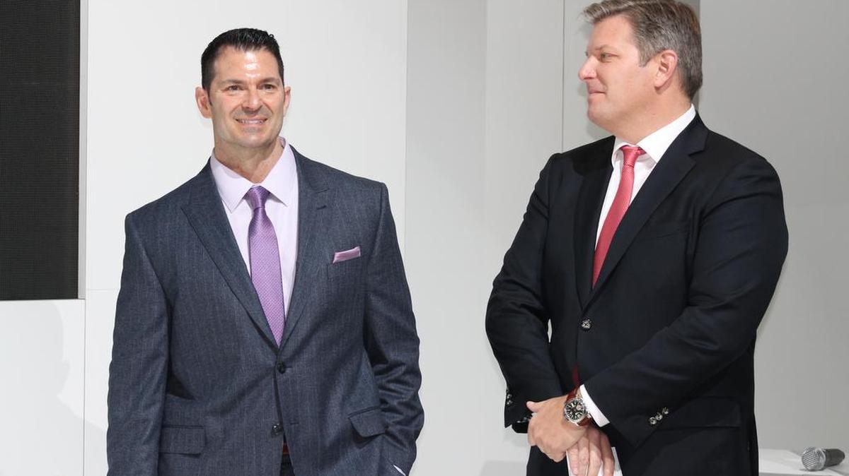 Bombardier Business Aircraft president David Coleal, left, with NetJets executive vice president Pat Gallagher, prepares for a news conference last week at the National Business Aviation Association Convention in Las Vegas.