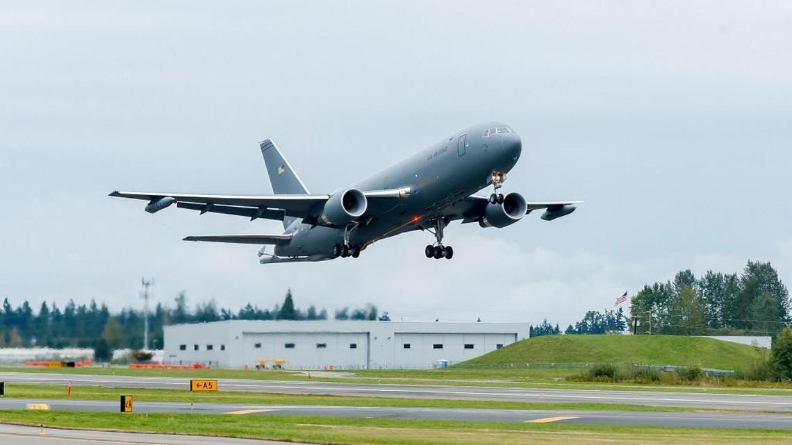 The Boeing KC-46 air refueling tanker takes off on its first flight in September 2015.