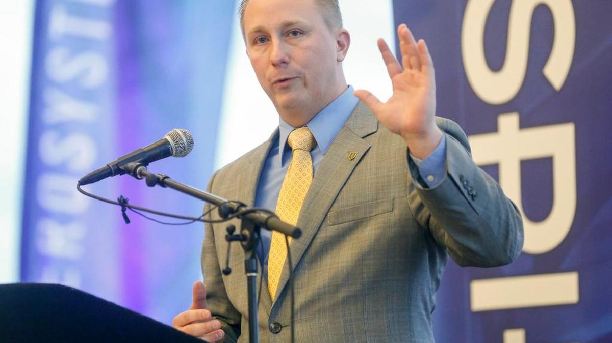 President Dwight D. Eisenhower’s great-grandson Merrill Atwater, who is Kansas’ new aviation director, spoke to the Wichita Aero Club on Thursday. (April 2015 file photo)