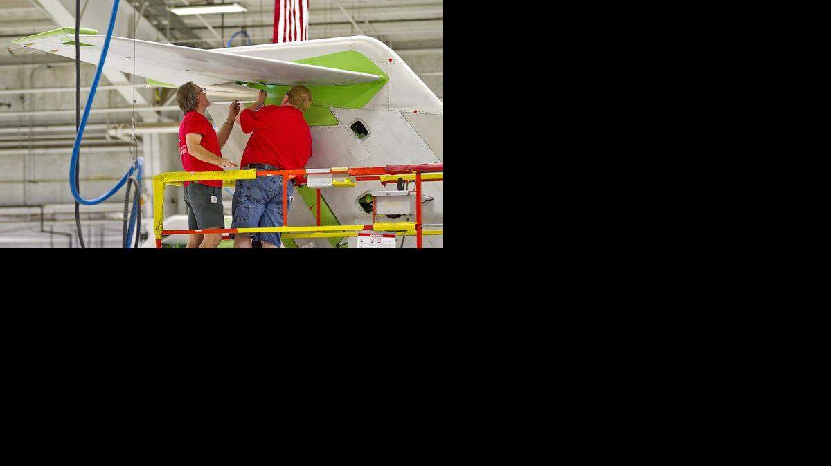 
Bombardier Learjet employees work on the Model 60 production line.
