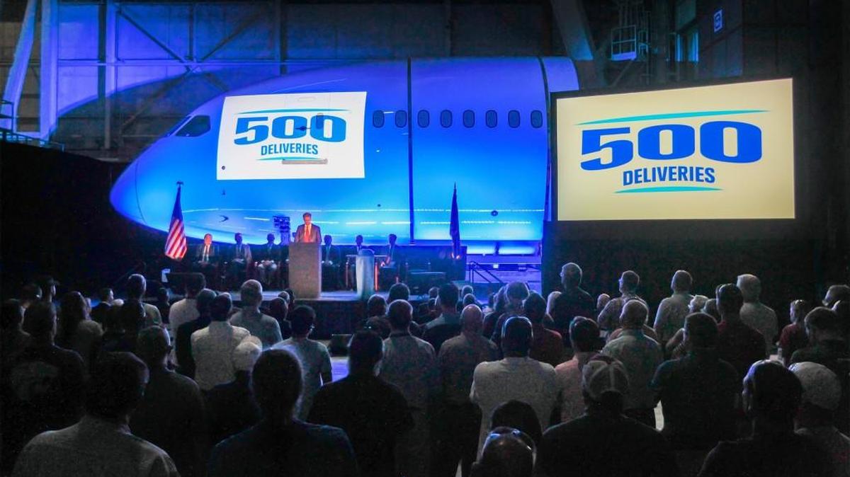 Kevin Matthies, Spirit vice president of the 787 program, speaks at a celebration of 500 787 forward fuselage deliveries to Boeing. (Oct. 11, 2016)