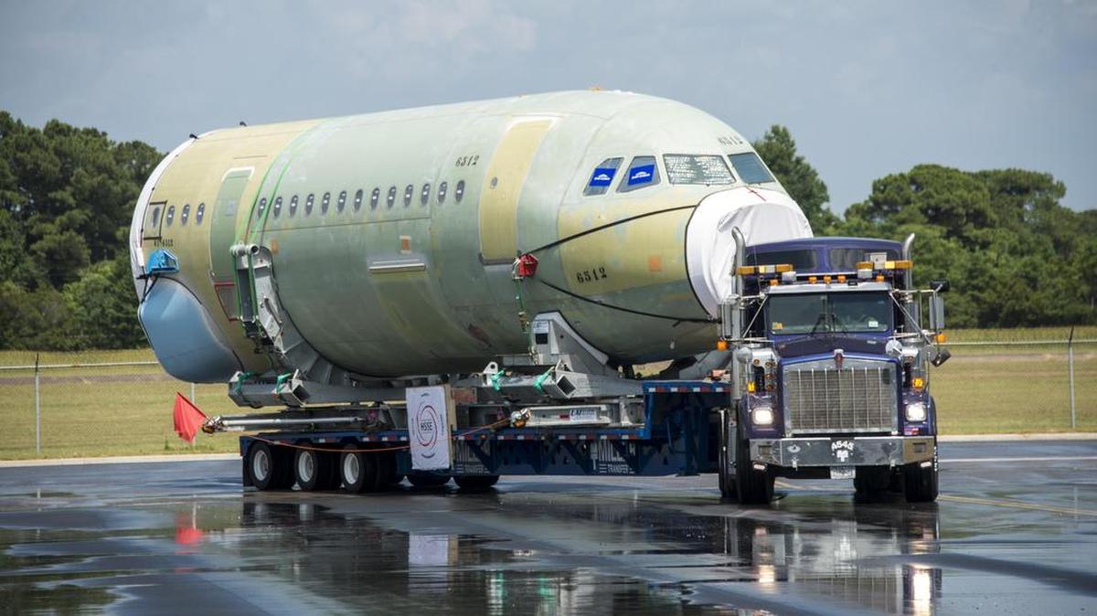 
The forward fuselage section of an Airbus A320 arrives at Airbus’ Mobile, Ala., new assembly plant earlier this summer.
