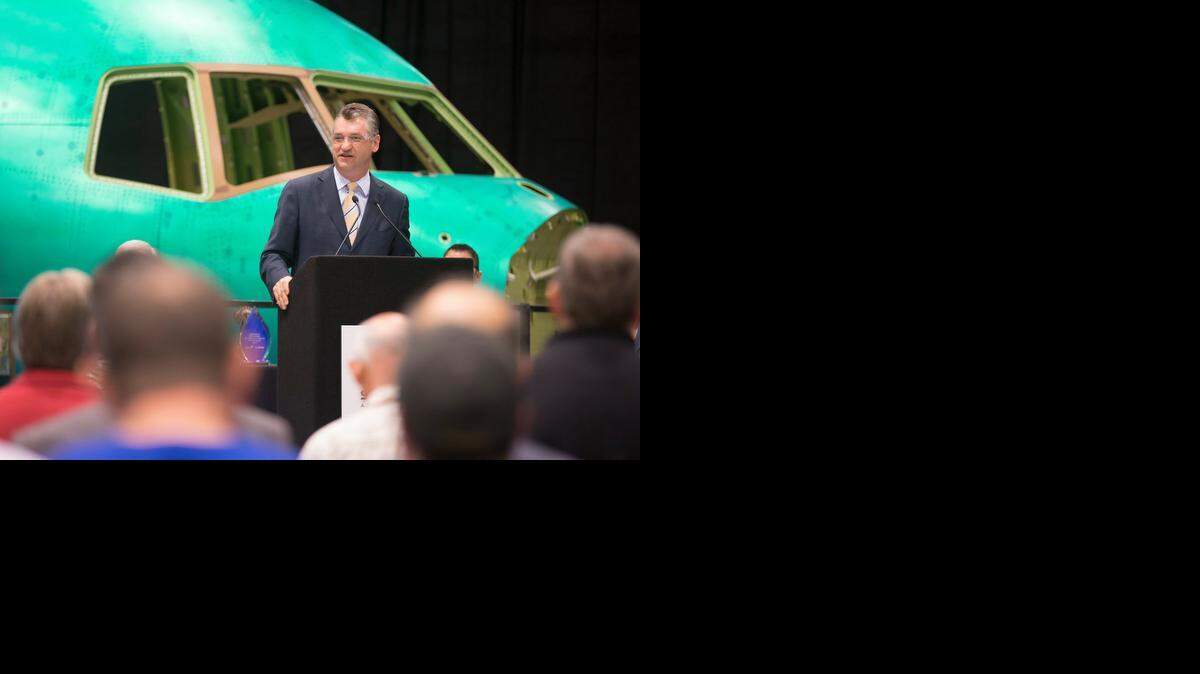 
Spirit AeroSystems' CEO Larry Lawson speaks to a crowd gathered on the Spirit production floor during a roll-out ceremony for the first forward fuselage for the KC46-A tanker in 2013.
