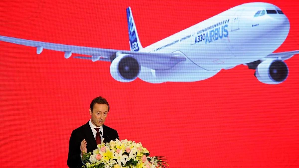Airbus President and Chief Executive Officer Fabrice Bregier speaks during a ground breaking ceremony on Wednesday for the Airbus A330 Completion and Delivery Center in north China's Tianjin Municipality.