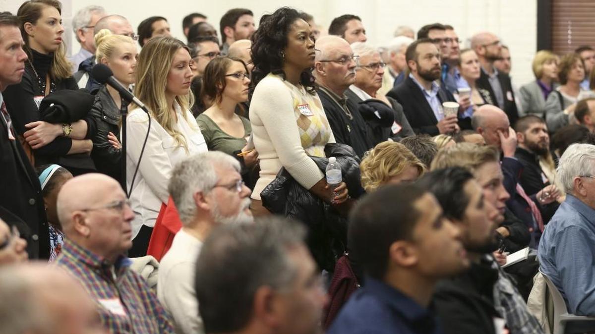 A large group gathered for the first 1 Million Cups event at Wichita State University's Old Town location. (February 10, 2016)