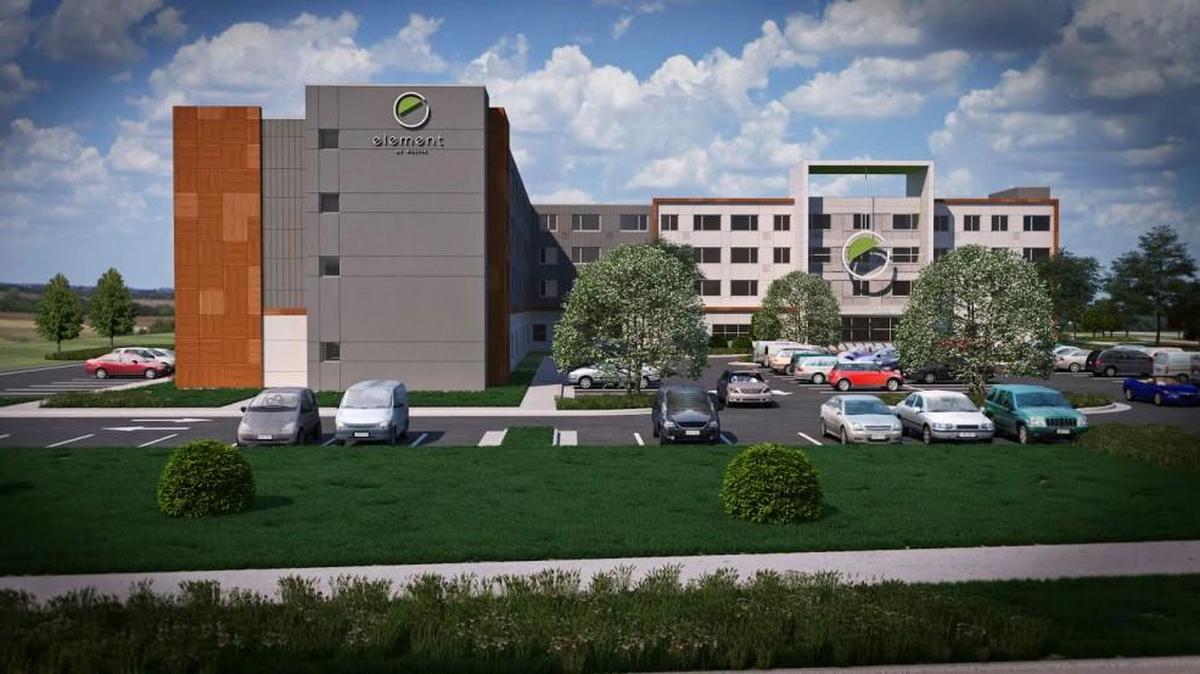 An exterior view of the future Element by Westin Hotel, a 123-room hotel that will be at Braeburn Square, a future retail area within Wichita State University’s Innovation Campus.