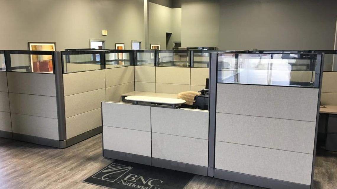 The new west-side BNC National Bank office has an open concept with partitioned areas instead of individual offices.