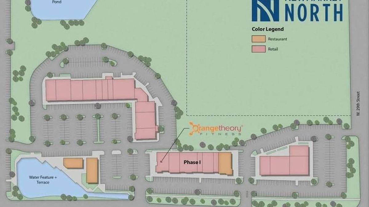 Slawson Cos. has three strip centers planned within NewMarket North. The first is in the center of the development. It will have Orangetheory Fitness on its south end and a breakfast restaurant on the north end. There also will be room for a couple of restaurants in an area called the Terrace, which will overlook a water feature, on the south end of the development. Courtesy illustration