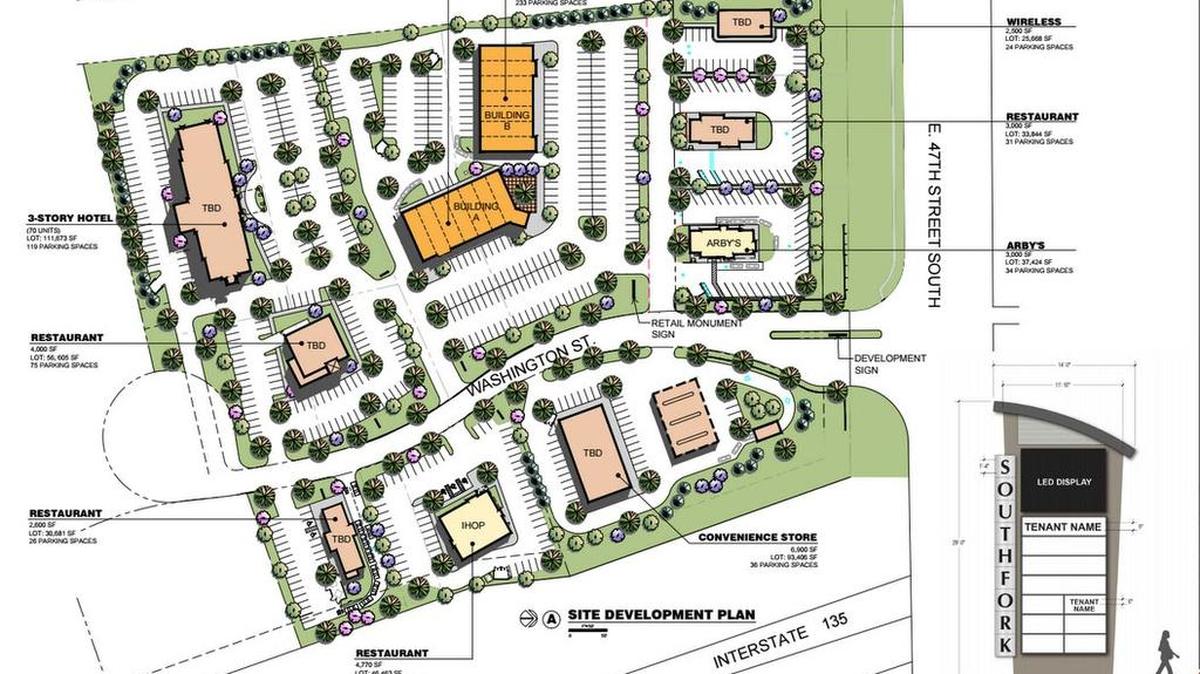 
This illustration of the first phase of the Southfork development shows where a couple of new strip centers and a new Arby’s and IHOP will go. IHOP should be the first thing open at Southfork in November.
