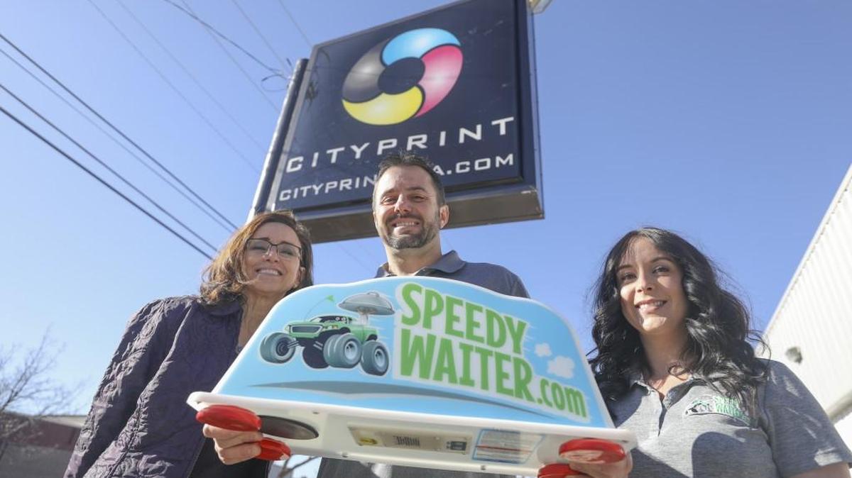 CityPrint owners Jason Harshbarger and his mother, Connie, left, and his wife, Wynter, have started a new restaurant delivery service called Speedywaiter.com.
