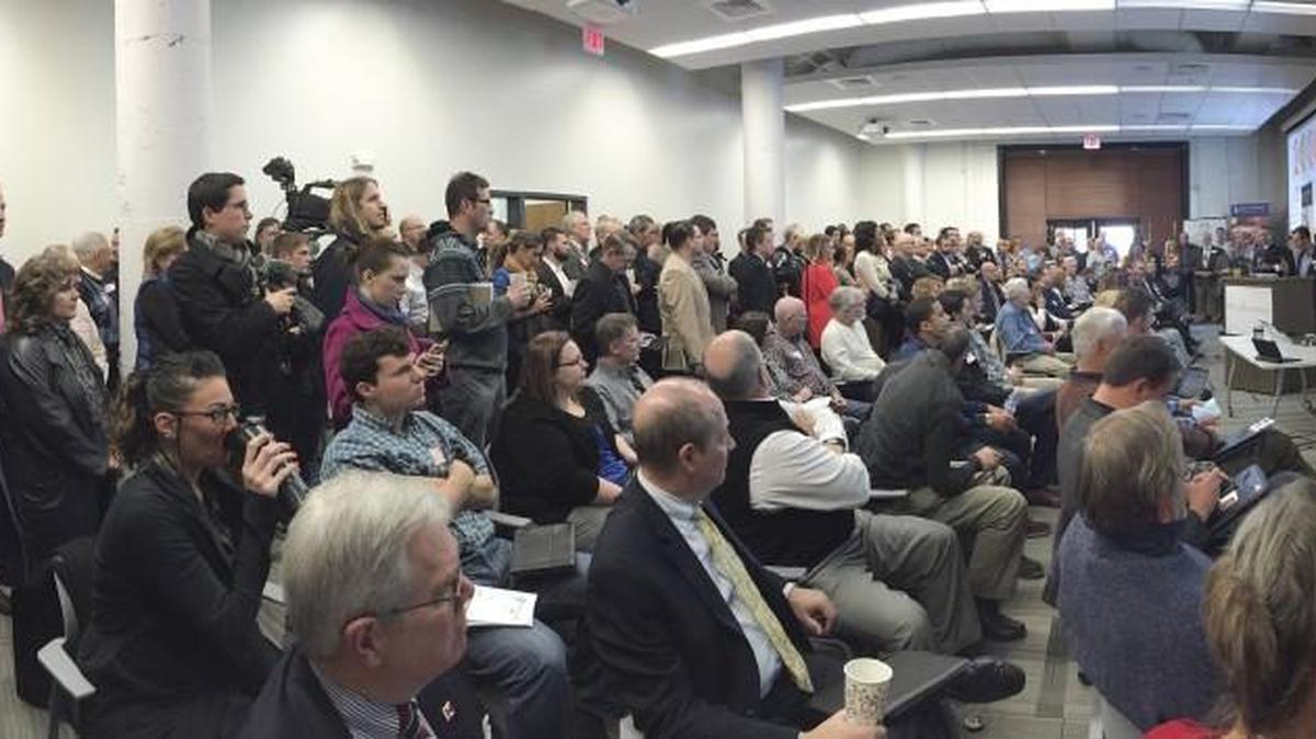 A large group gathered for the first 1 Million Cups event at Wichita State University’s Old Town location. (Feb. 10, 2016)