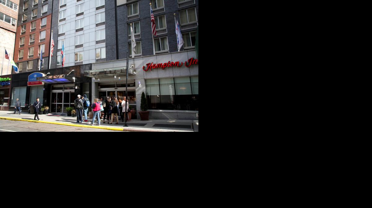 
Three hotels share the same building – Holiday Inn Express and Candlewood Suites, both Intercontinental Hotels Group brands, and Hampton Inn, a Hilton brand – on West 39th Street in New York. 
