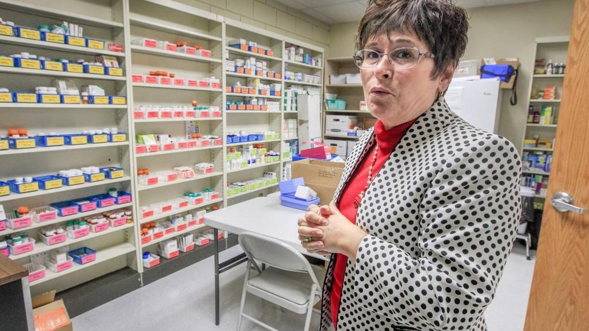Guadalupe Clinic director of development Jodi Guillemette shows off the dispensary at the clinic on St. Francis South. The clinic relies on grants for nearly a third of its budget. (Feb. 13, 2017)