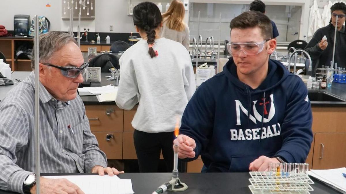 Chemistry professor Russell Thiel, left, works with Newman University student Max Bajza in the Bishop Gerber Science Center on Feb. 18. The 52,400-square-foot Bishop Gerber Science Center houses the university's chemistry, biology and physics programs. It opened in August 2017.