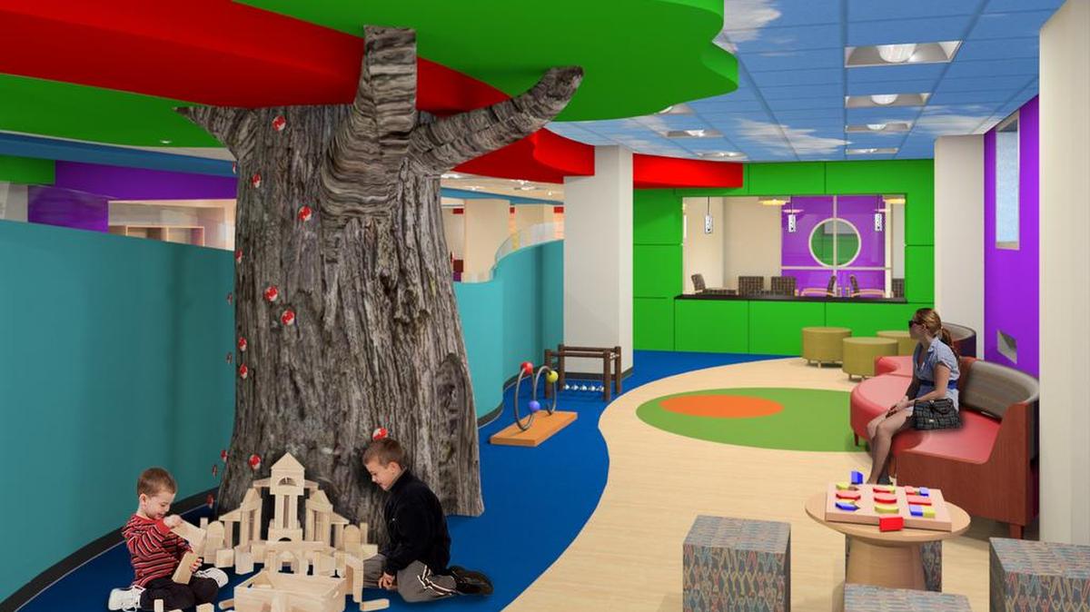 A play area in the child-oriented hospital is expected to help children heal faster and help with physician recruitment.