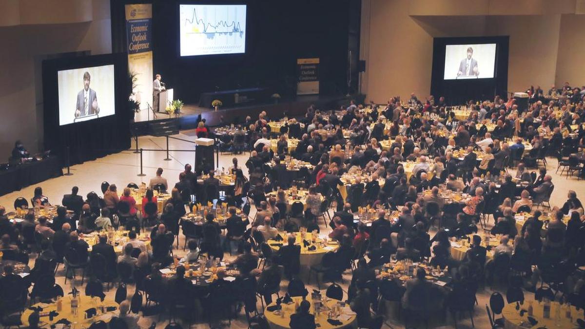 Jeremy Hill, director of the Center for Economic Development and Business Research at Wichita State University, addresses the annual Economic Outlook Conference at Century II in 2016.