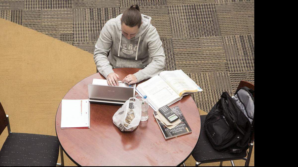 
Wichita State University finance senior Allie Holeman studies at the Rhatigan Student Center. Upon graduating, most students should find a job market that is more robust than it has been in recent years. 
